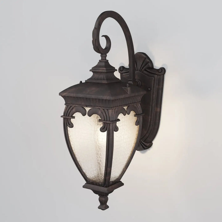 Applique extérieure en fer forgé bronze foncé avec panneau en verre givré texturé style lanterne baroque