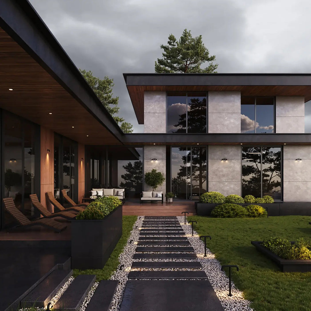 Applique extérieure led en aluminium noir moderne sur maison contemporaine avec façade en béton et bois élégant