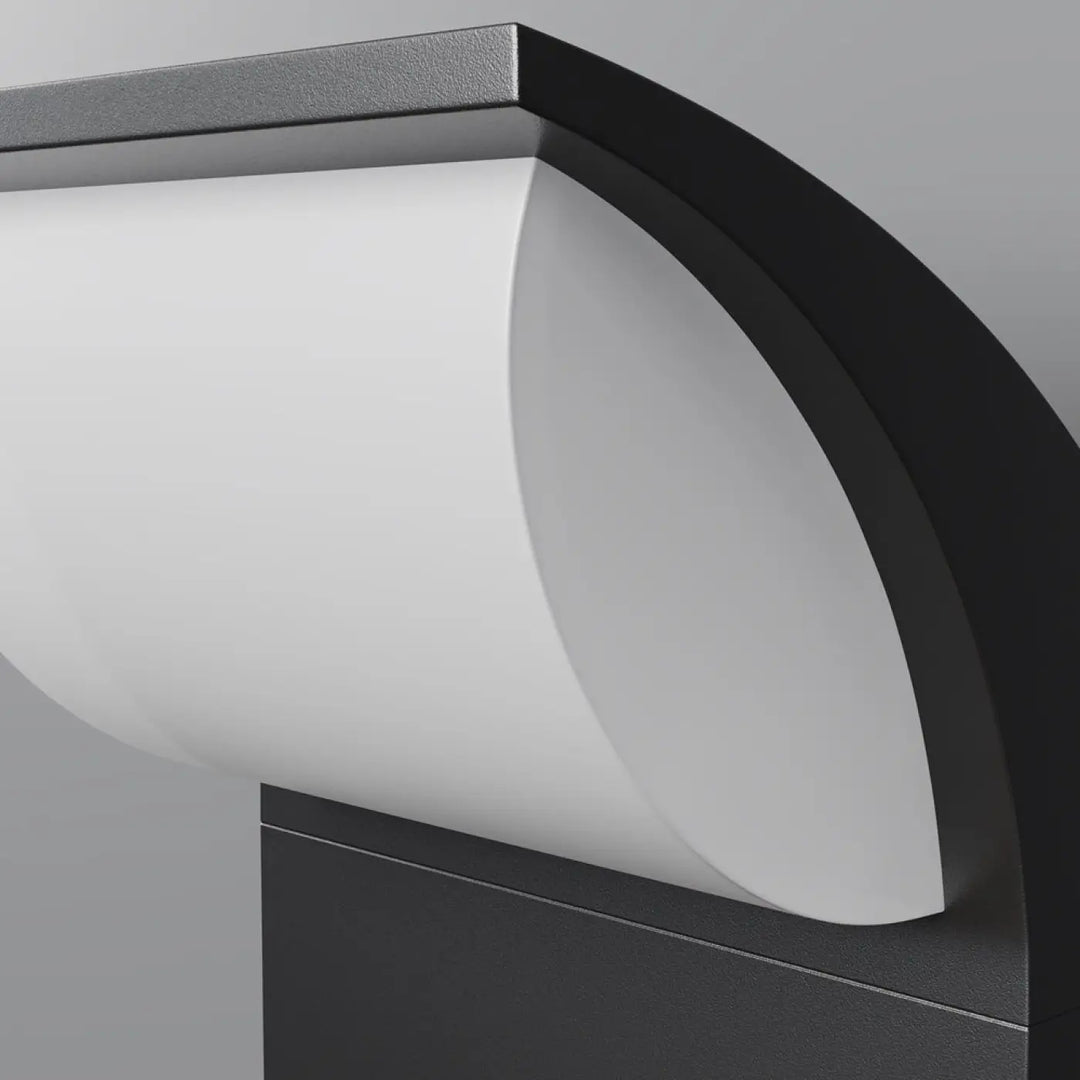 Applique extérieure led en acier noir avec design moderne incurvé et panneau led diffusé blanc pour extérieur