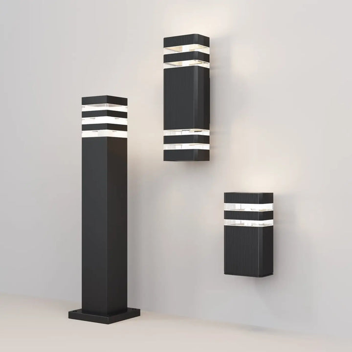 Applique extérieure en acier noir lindén double lumière avec bandes led horizontales modernes et élégantes