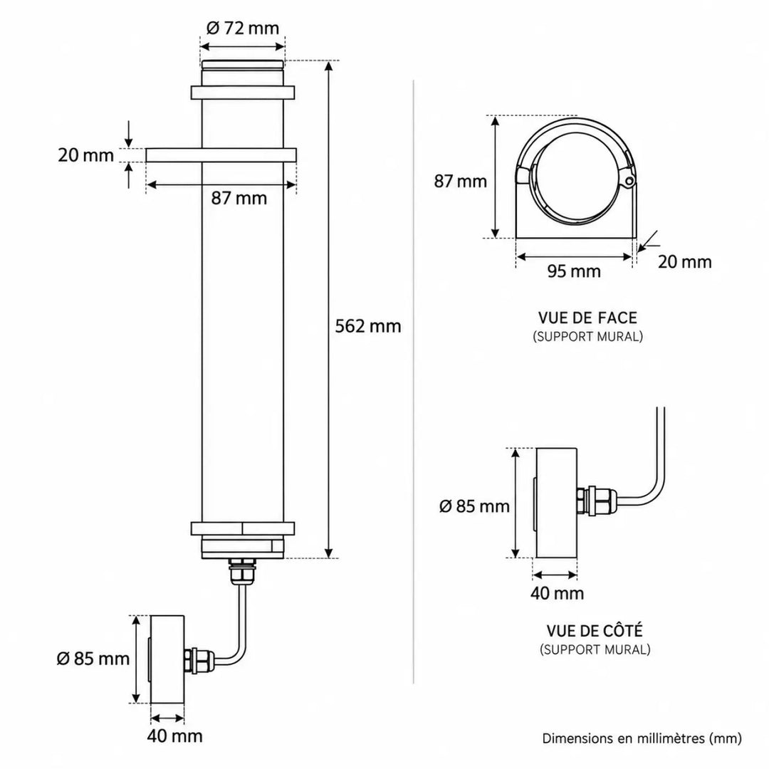 Applique lukas luminaire extérieur cylindrique en métal avec finition métallique et dimensions précises pour mur