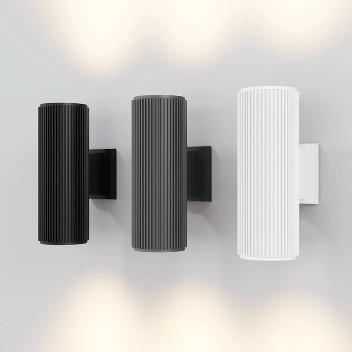 Modern applique extérieure rando cylindre étanche noir gris foncé et blanc avec texture cannelée verticale
