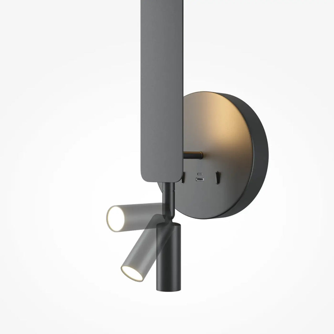 Applique murale noire moderne avec deux spots réglables et base circulaire intégrant ports usb applique liseuse combo