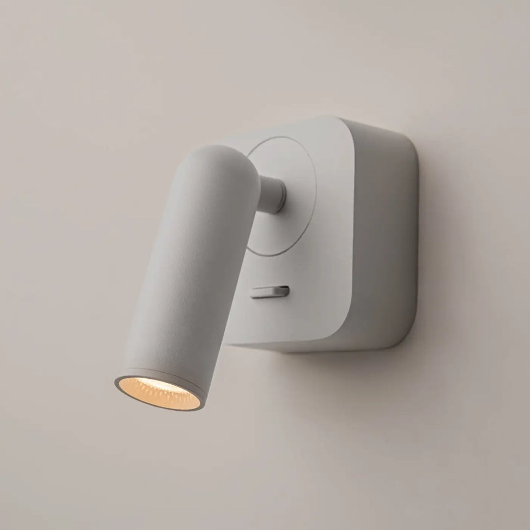 Applique liseuse murale mirax module carré blanc avec tête cylindrique et lumière chaude douce pour lecture