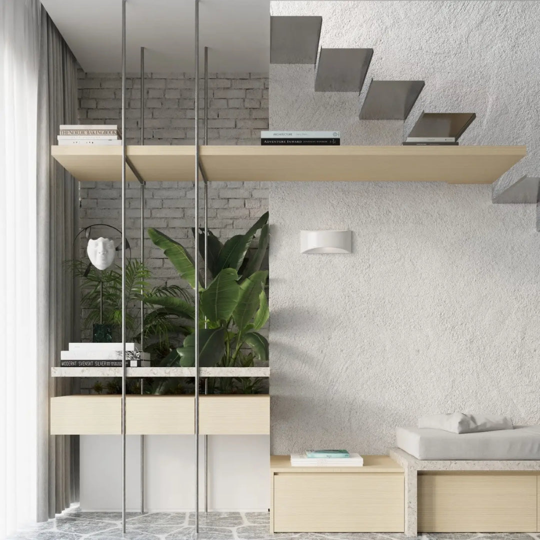 Modern minimalist shelving unit with light wood shelves and sleek metal supports complementing l’applique murale vixen céramique enduit structuré