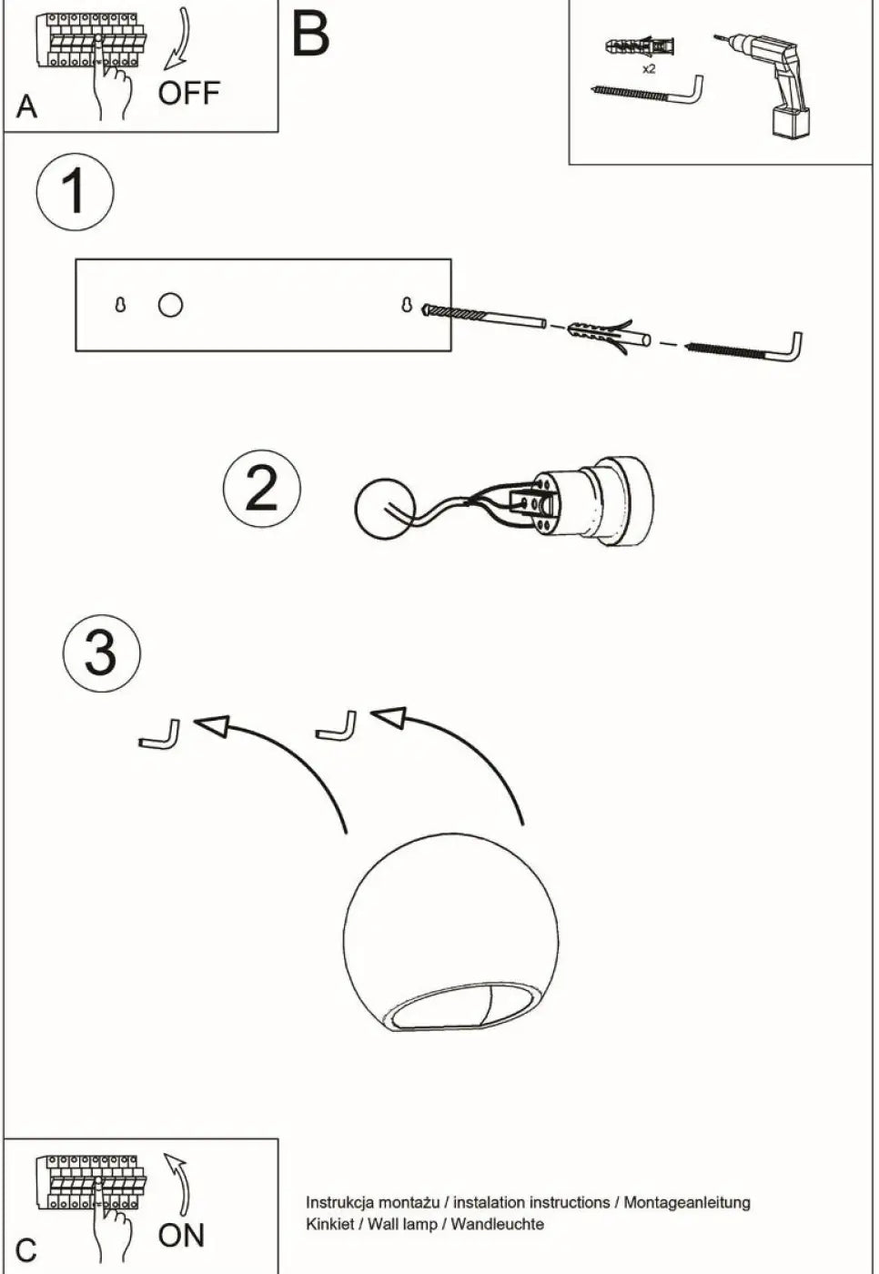Diagramme dinstallation pour applique murale moderne laquée globe vernie blanc brillant avec composantes et fixations