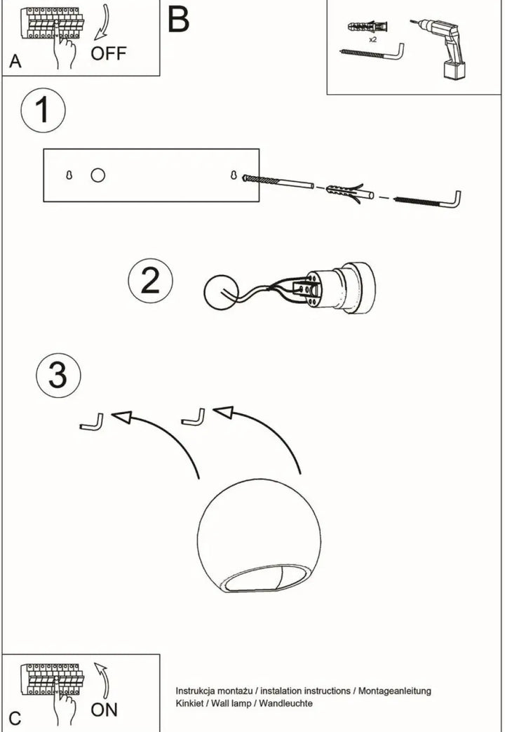 Diagramme dinstallation pour applique murale moderne laquée globe vernie blanc brillant avec composantes et fixations