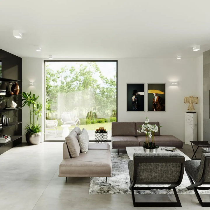 Modern gray sectional sofa with plush cushions and sleek black metal legs in applique murale moderne lobo maxi blanc design
