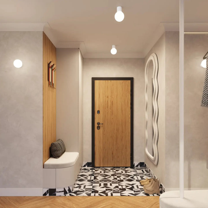 Porte en bois à cadre noir avec motif à grain vertical pour applique murale halo blanc avec lampe halo sphère laiteuse bureau décorative