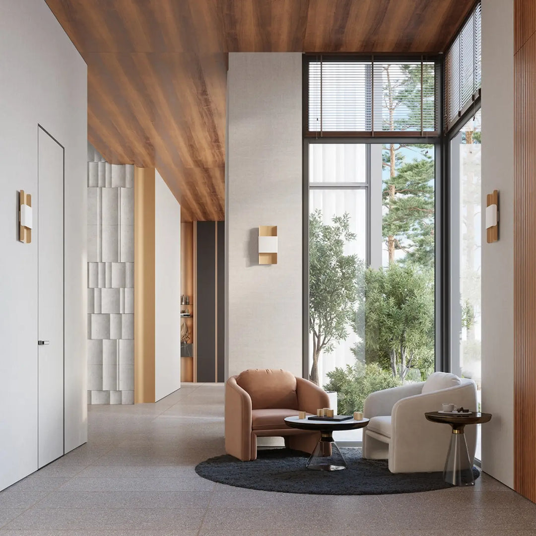 Applique durlin or blanc avec fauteuil en cuir naturel tan au design moderne arrondi pour minimalisme rencontre variété dintérieurs