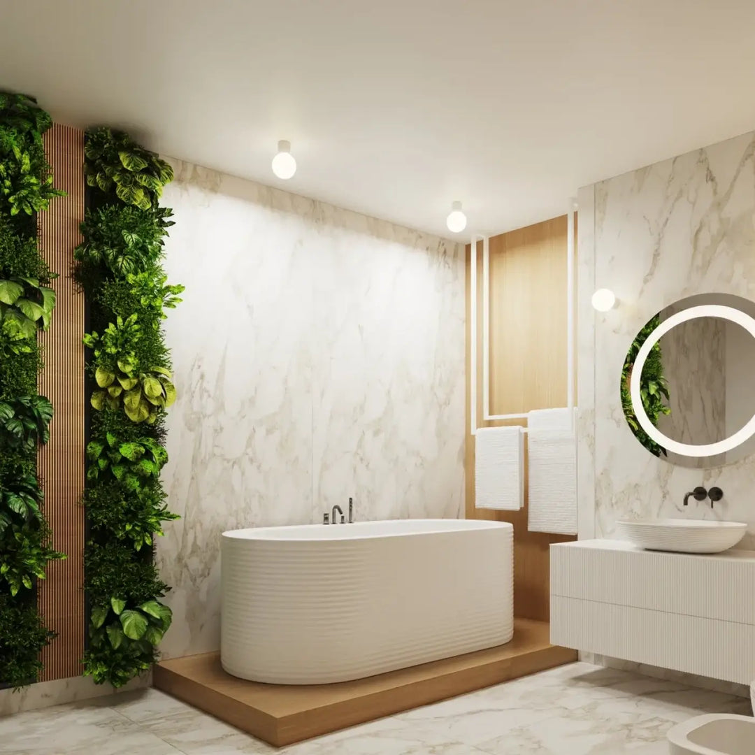 White ribbed freestanding bathtub shown alongside lampe halo with forme unique and sphère laiteuse design