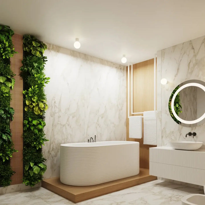 White ribbed freestanding bathtub shown alongside lampe halo with forme unique and sphère laiteuse design