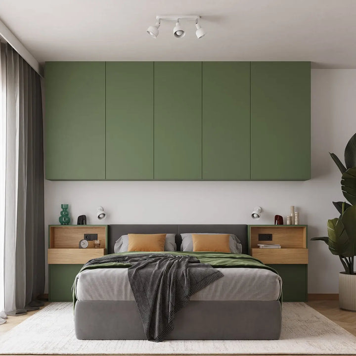 Applique murale lampe elba blanc avec cabinet vert olive moderne et minimalisme combiné aux éléments subtils en bois
