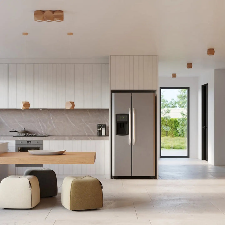 Réfrigérateur côte à côte en acier inoxydable avec distributeur d eau et glace s intégrera parfaitement au style loft bois woody