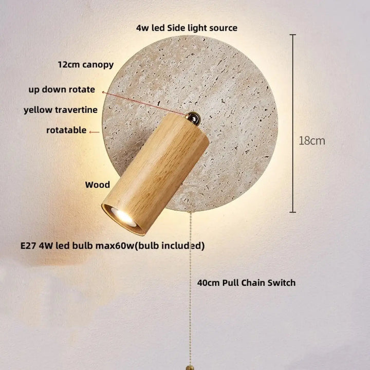 Applique murale bois naturel et pierre travertin led beige