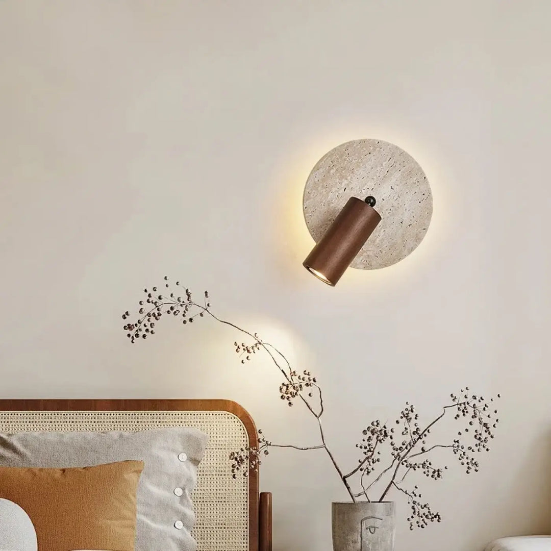 Applique murale bois naturel et pierre travertin led beige