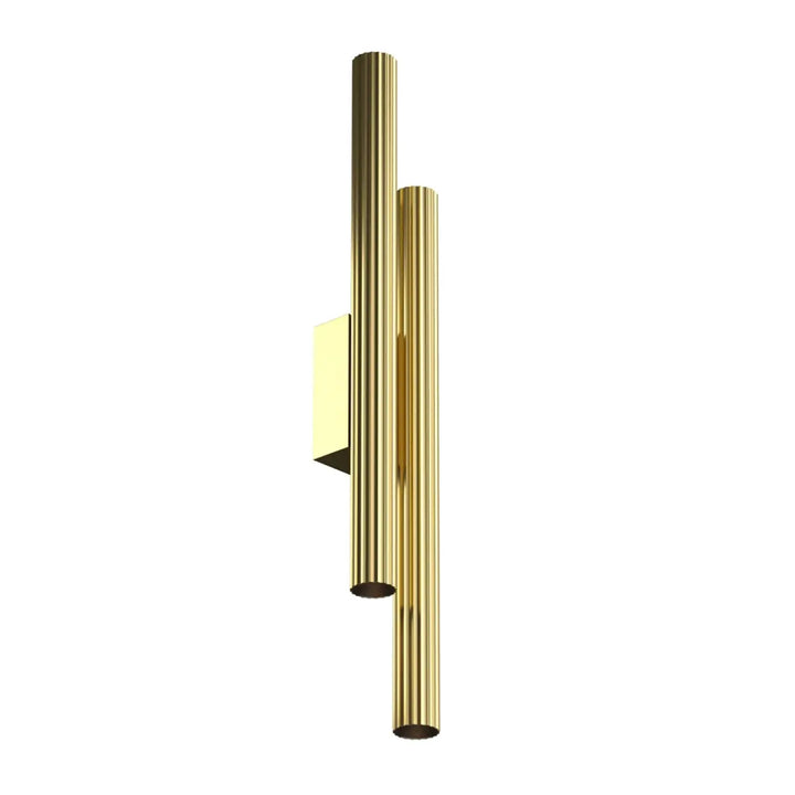 Applique murale calipso led linéaire en métal doré avec deux tubes cylindriques verticaux cannelés et plaque rectangulaire