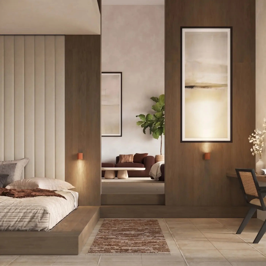 Applique murale karbon spot orientable avec peinture abstraite minimaliste tons beige et crème cadre noir élégant