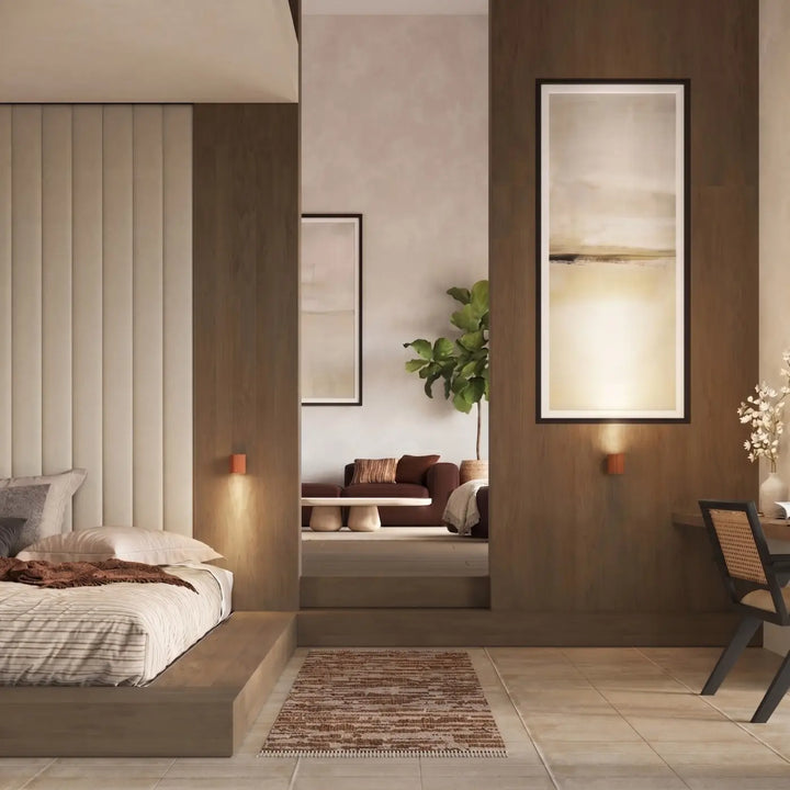 Applique murale karbon spot orientable avec peinture abstraite minimaliste tons beige et crème cadre noir élégant