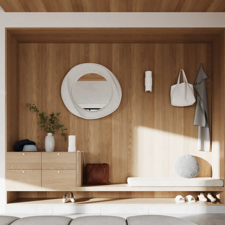 Applique murale flash blanc avec miroir circulaire à cadre texturé en bois pour un design moderne et lumière à volonté