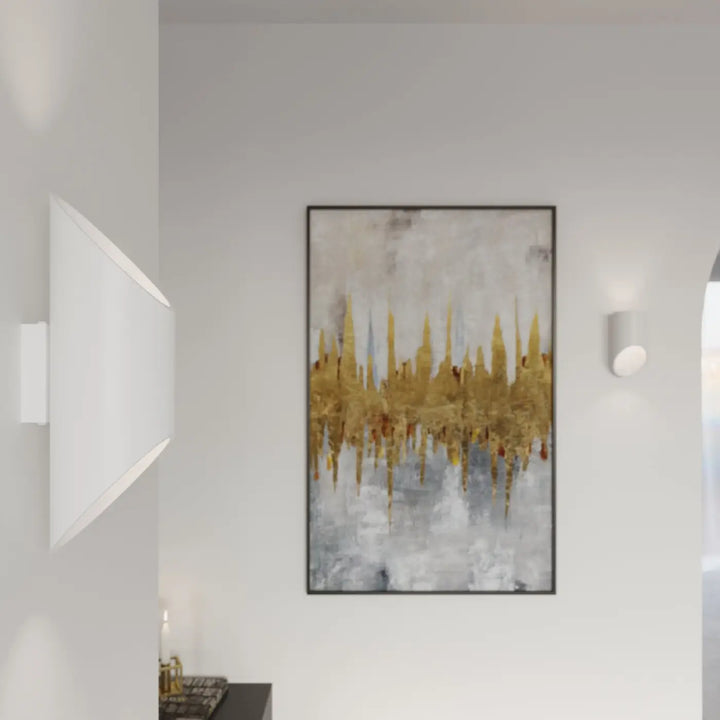 Applique murale penne 30 blanc avec peinture abstraite moderne en or et gris encadrée en noir pour couleurs classiques