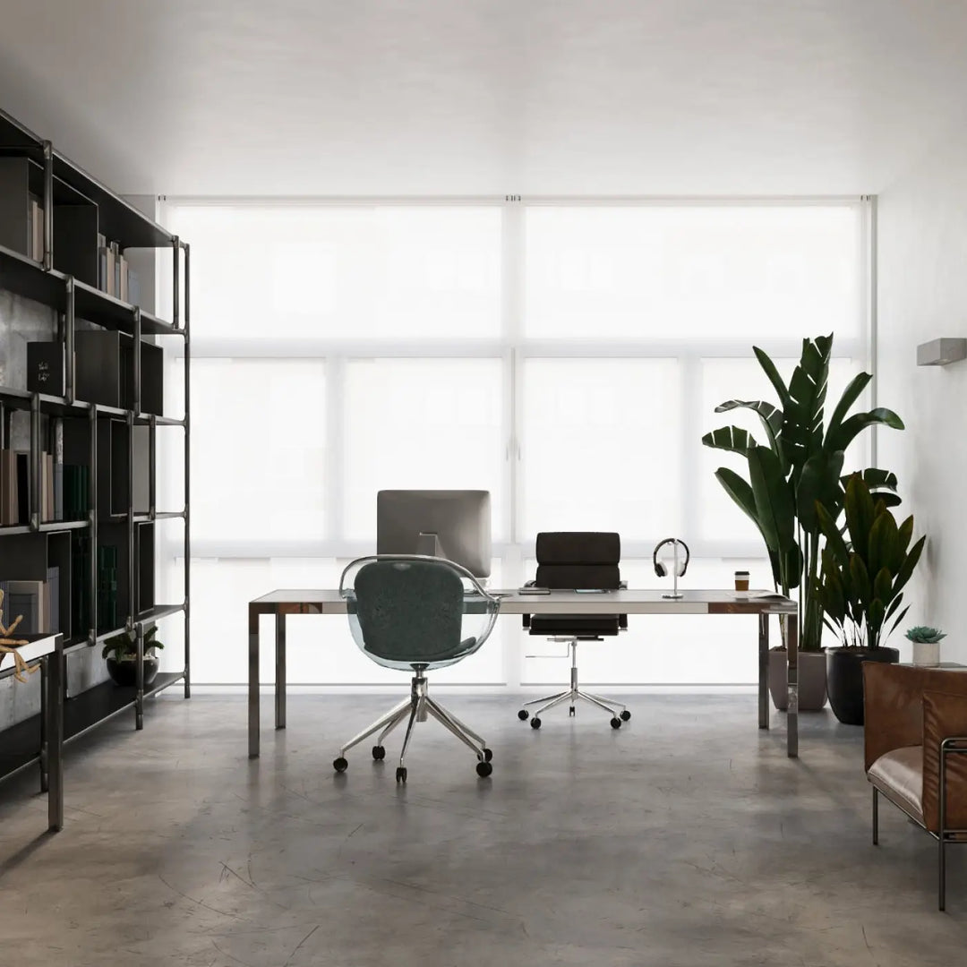 Bureau de style moderne minimaliste avec cadre métallique et plateau en bois sombre dans une atmosphère harmonieuse béton moderne l’applique murale vega
