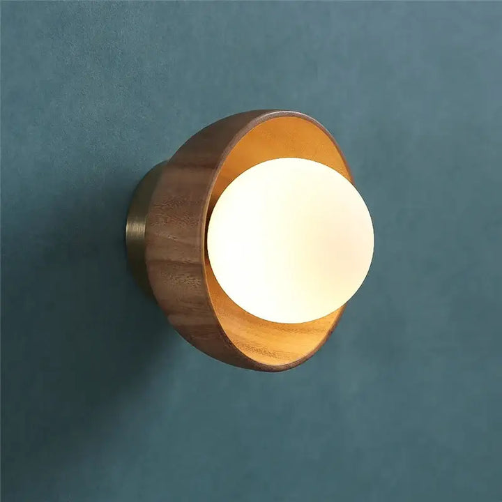 Applique murale design rond en bois et verre lumière douce