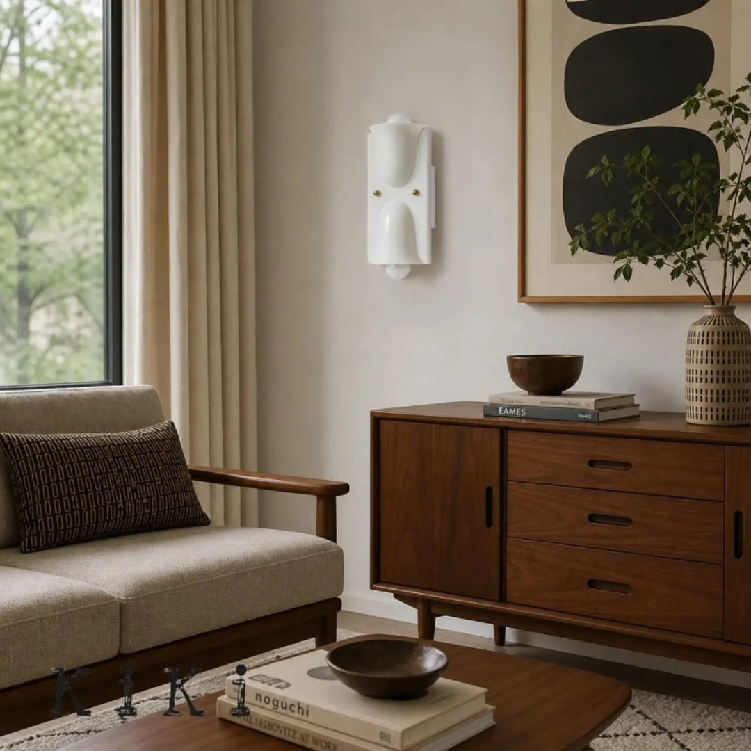 Applique murale kavia en céramique blanche avec design moderne et verre sculpté pour un éclairage double sens élégant