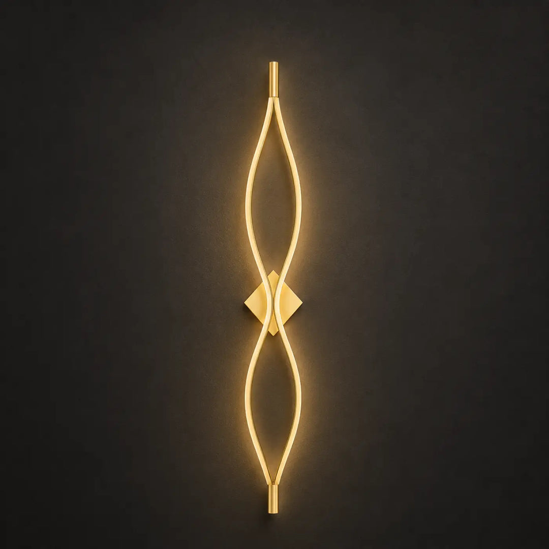 Applique murale alixa dorée avec tubulure néon courbée et accent central en forme de diamant pour salle à manger ou chambre