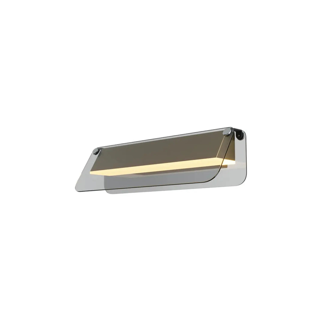Applique murale flat avec verre teinté transparent et cadre métal noir brossé émettant une lumière ambiante chaude