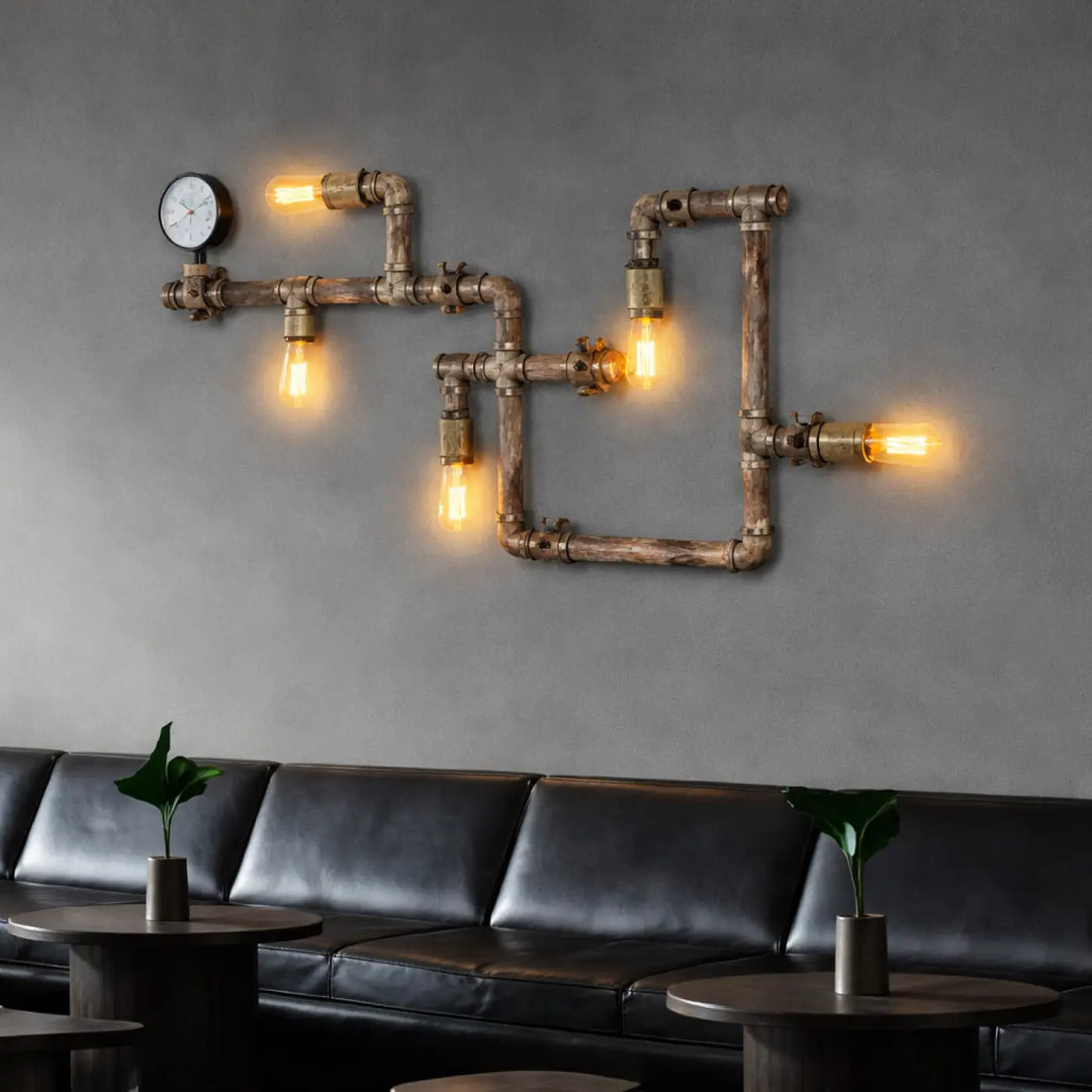 Applique murale roby style industriel en tuyaux métalliques vieillis et raccords en laiton avec ampoules edison éclatantes