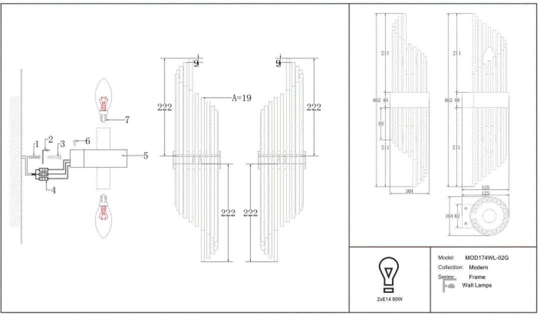 Applique murale cadre vertical en métal doré avec tubes en verre disposés en éventail élégant et design minimaliste