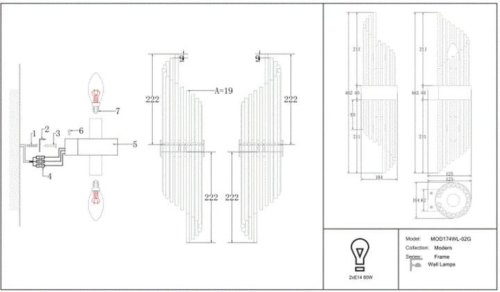 Applique murale cadre vertical en métal doré avec tubes en verre disposés en éventail élégant et design minimaliste