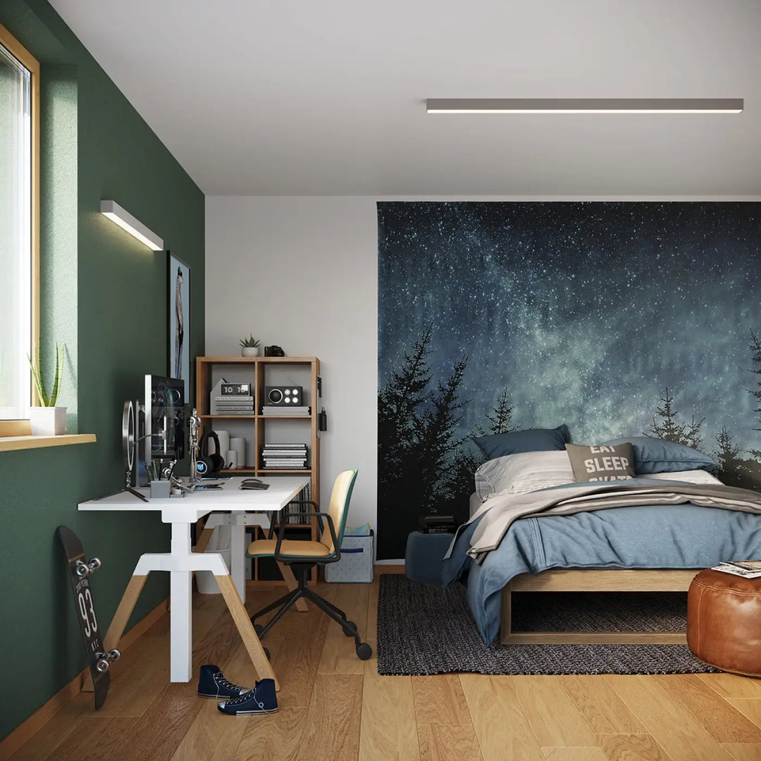 Ensemble de literie bleu avec oreillers assortis et plaid cosy, idéal pour la collection pinne et ses paramètres d’éclairage module led