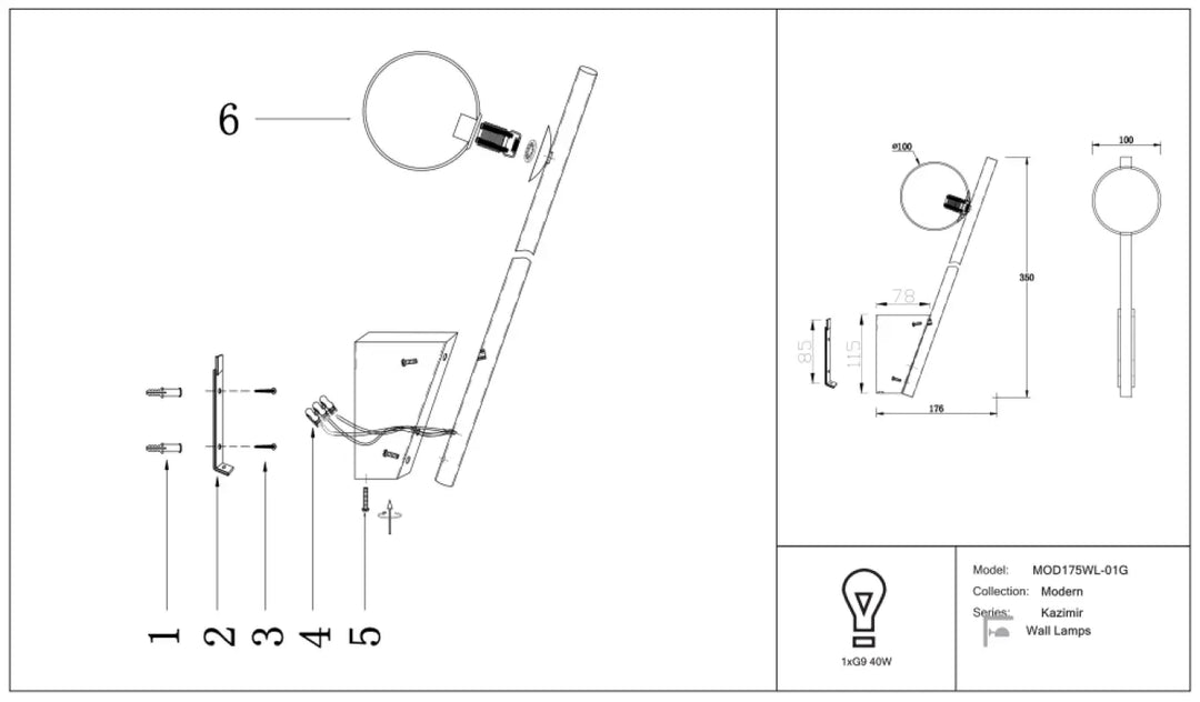 Applique murale kazmir en métal noir avec plaque inclinée et design minimaliste cylindrique lumineux