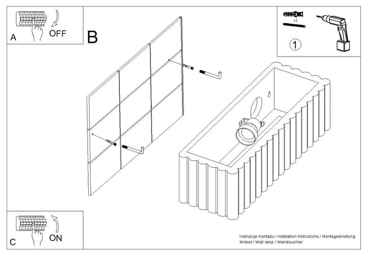 Applique murale rigata en céramique beige avec tête de lampe cylindrique et base cannelée en illustration technique noir et blanc