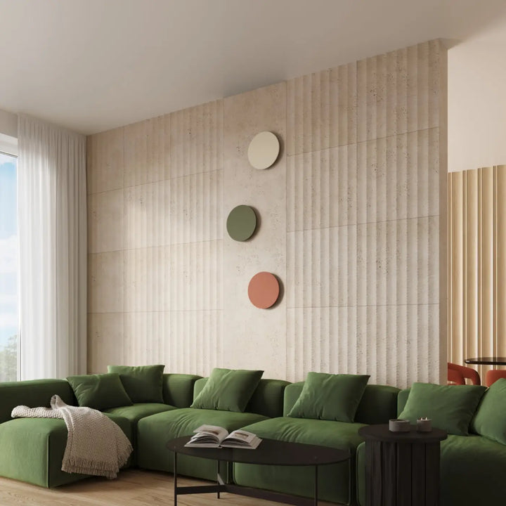 Applique murale beige borgen 3000k avec canapé sectionnel en velours vert et plaid texturé, idéale pour appliques murales modernes