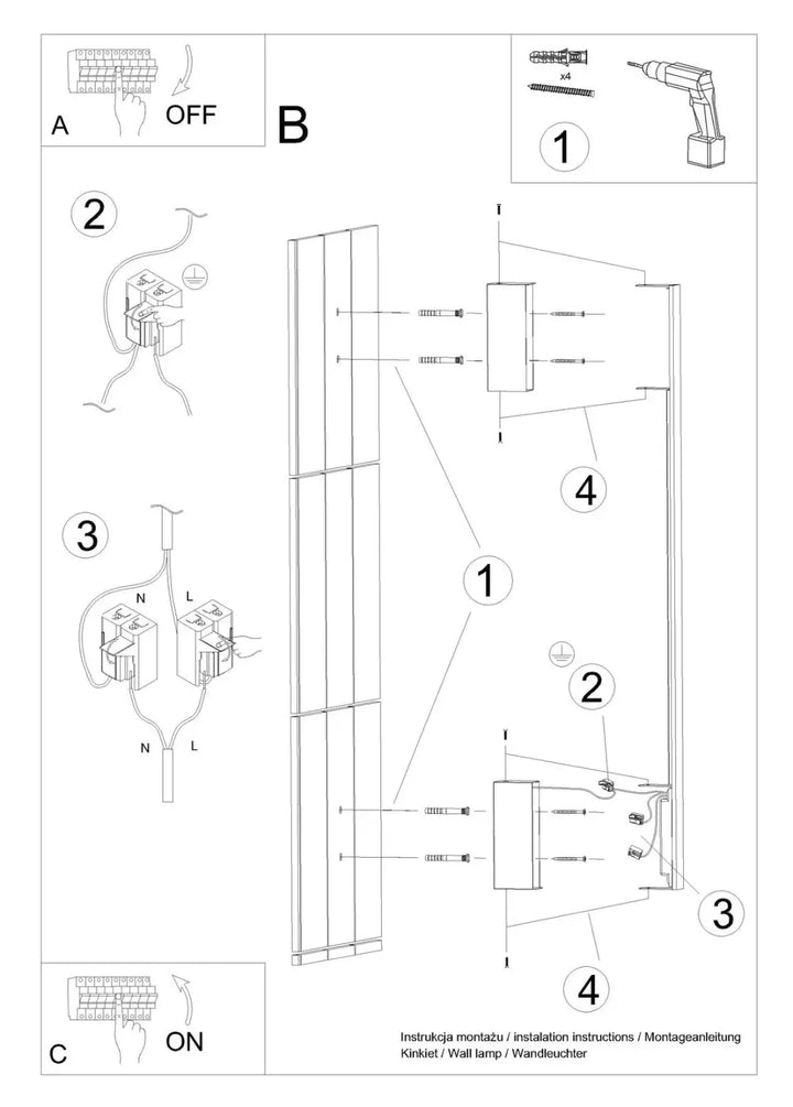 Schéma technique de linstallation dun applique murale sappo m 3000k blanc avec module led et boîtier étroit et lampadaire lahti