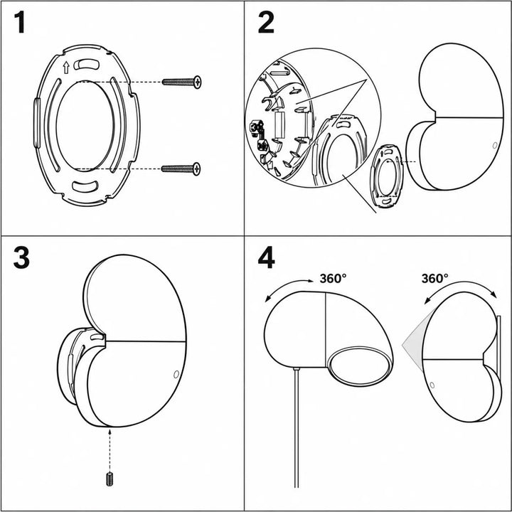 Diagram montrant lassemblage et la rotation 360 de l’applique ciro john august avec base pivote et vis de montage