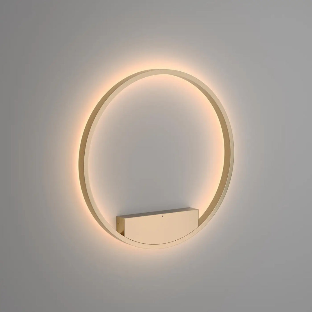 Applique murale led ronde minimaliste avec anneau lumineux chaud et base rectangulaire beige design rim anneau