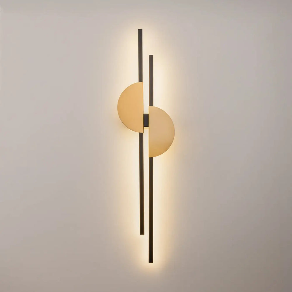 Applique murale led skyline en métal noir avec deux tiges verticales et panneaux lumineux circulaires diffusants chaleureux