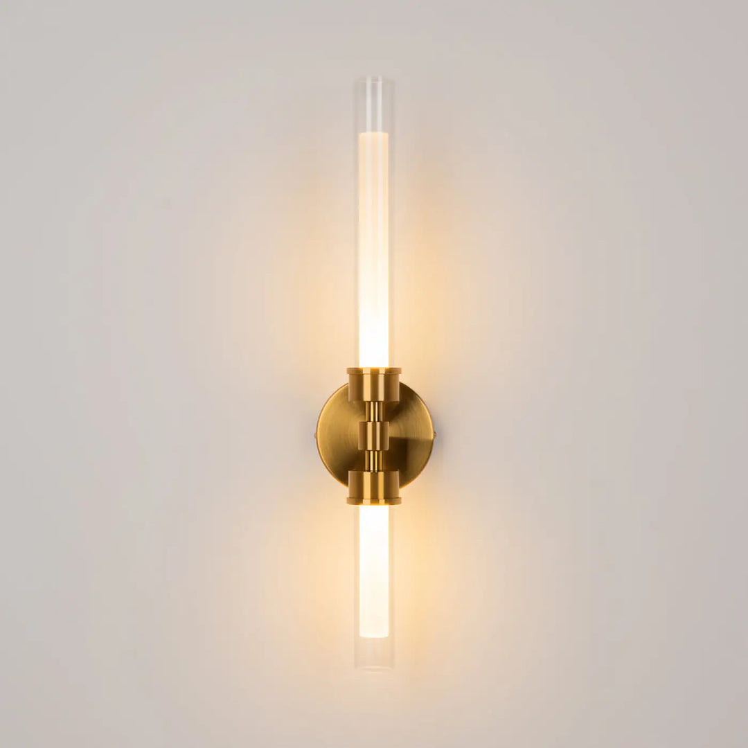 Applique murale led gold-toned avec long tube acrylique cylindre et base metal geometrique minimaliste steło tube