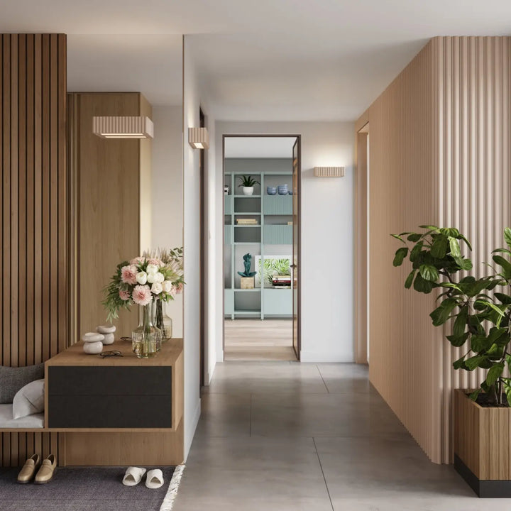 Console en bois moderne avec tiroir noir mat minimaliste et vases décoratifs, mettant en valeur l’applique murale rigata en céramique taupe