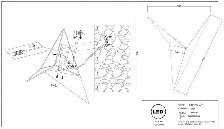 Applique murale led triangulaire trame origami avec cadre métallique design moderne et épuré