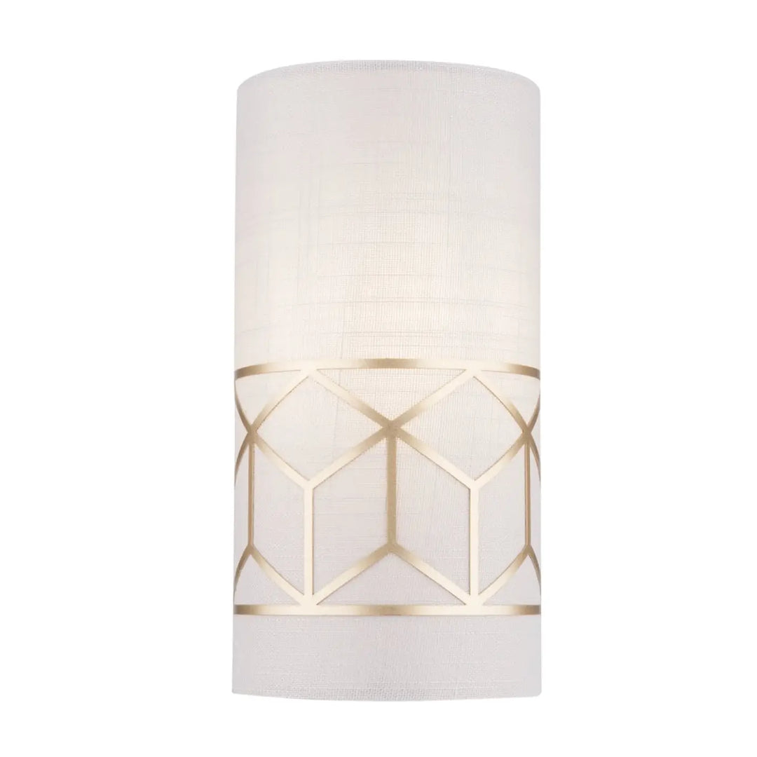 Abat-jour textile cylindrique blanc avec motif géométrique doré et monture dorée pour applique murale messina