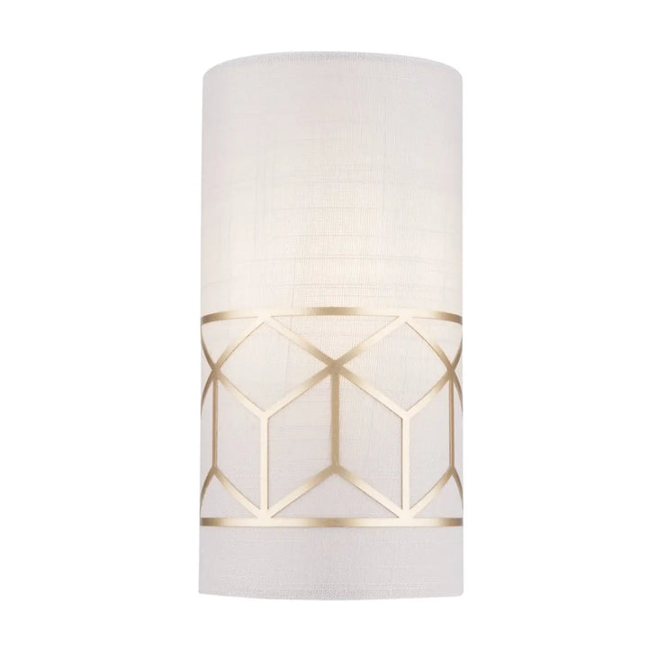Abat-jour textile cylindrique blanc avec motif géométrique doré et monture dorée pour applique murale messina