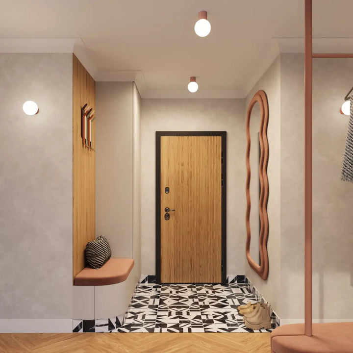 Porte en bois moka avec cadre noir et grain vertical décorative pour bureau avec lampe halo sphère laiteuse