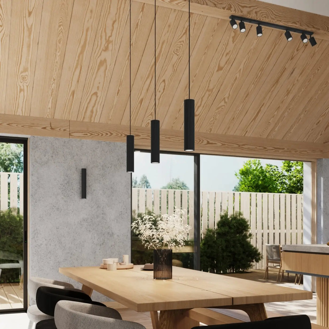 Applique murale karbon 20 noir avec design minimaliste et ampoules gu10 interchangeables suspendue au plafond en bois