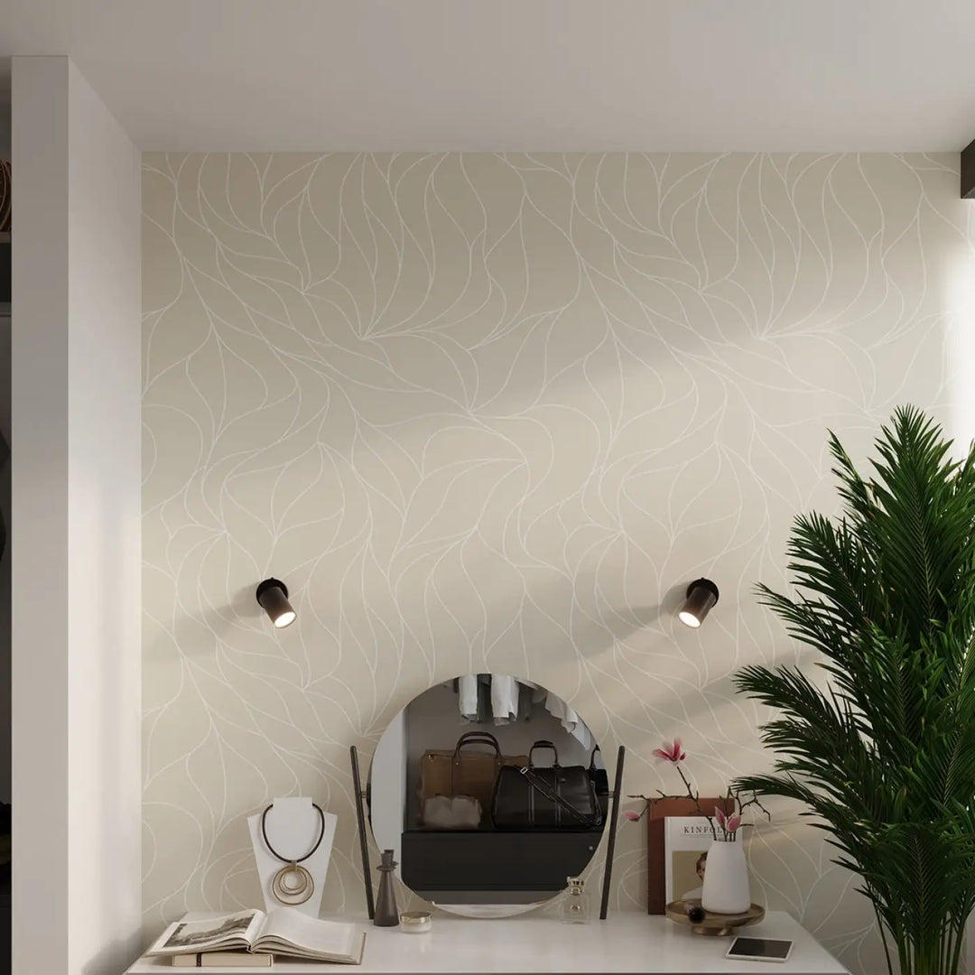 Miroir rond avec cadre minimaliste noir posé sur une coiffeuse blanche pour une lumière conviviale module led plafonniers lemmi