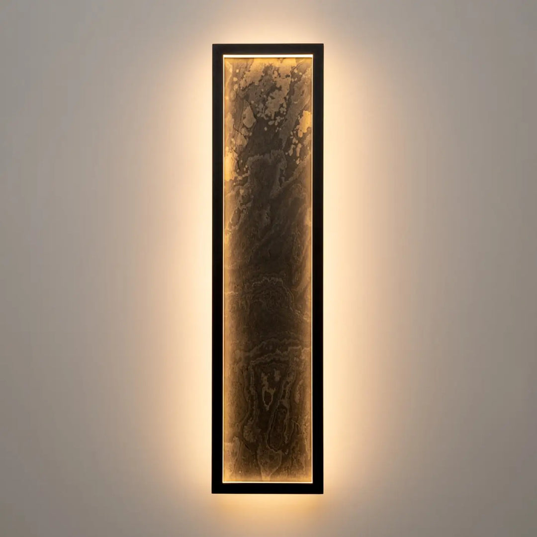 Applique murale orign effet pierre avec cadre noir et panneau lumineux à veines dorées en spirale